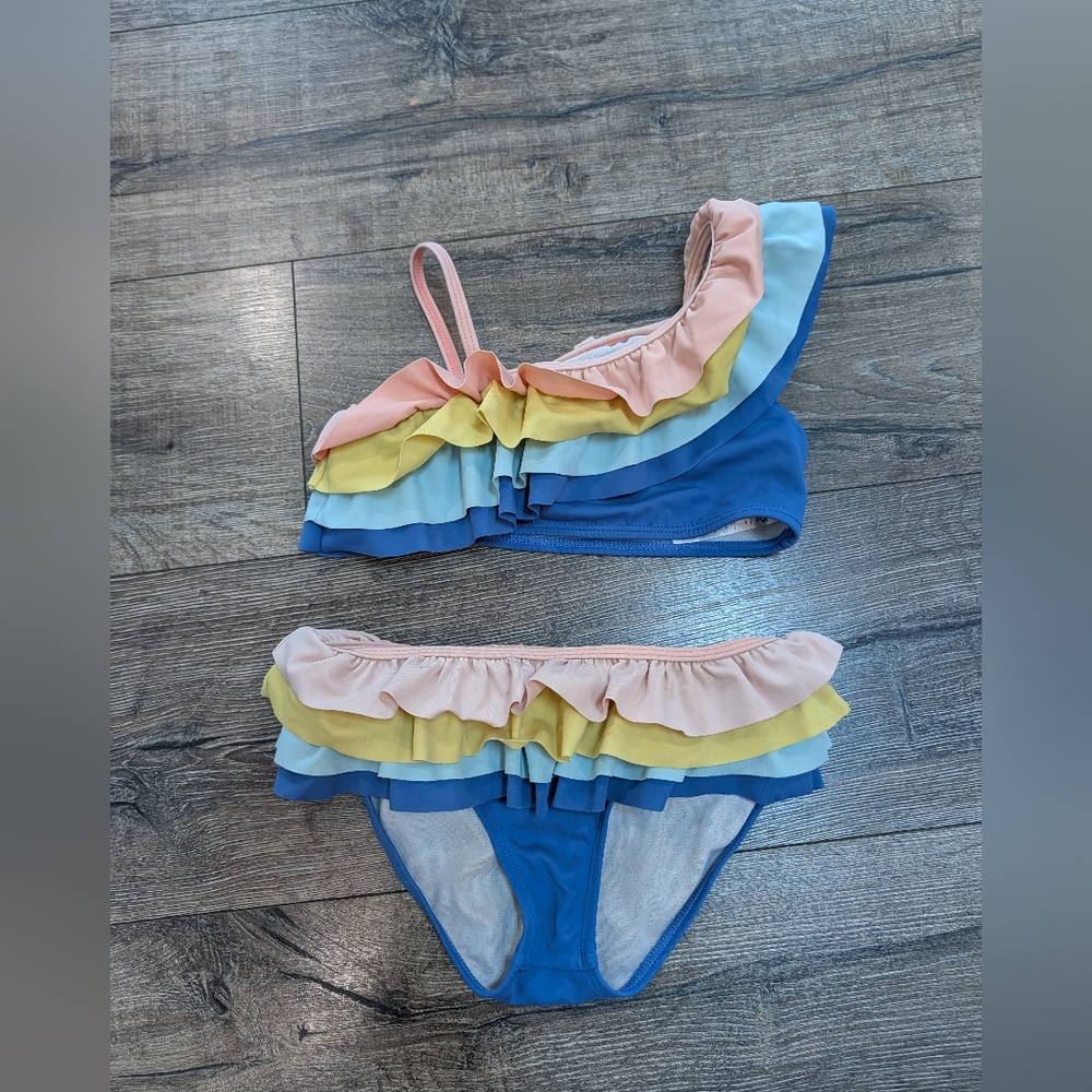 Janie and Jack Size 6 Girl Swimsuit Bathing Suit Swim Bikini 2 Piece Blue Ruffle